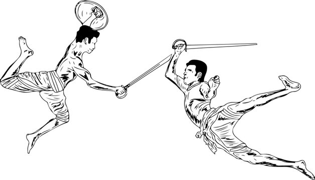 Kerala martial arts form Kalaripayattu sketch drawing, Indian traditional martial art Kalaripayattu outline vector illustration, Two indian man fighting with sword painting