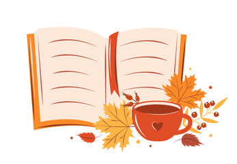 Open book, cup coffee or tea with autumn bright leaves. Design for card or promotional poster.  Vector illustration  on white background