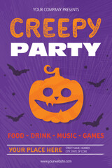 Halloween Night Party invitation with creepy pumpkin. Vector illustration