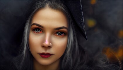 Halloween Sexy Witch portrait. Beautiful woman in witches hat. AI generated portrait
