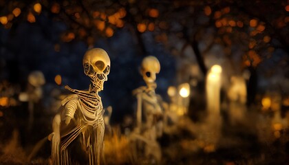 Skeletons on the night of Halloween. Scary night, dark atmosphere