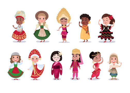 Girls Wearing National Costumes Of Different Countries Vector Big Set