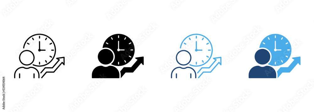 Poster time management silhouette and line icon. efficiency productivity clock control pictogram. optimizat