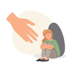Human Hand Help to Young Girl in Depression Sitting with Bended Knees Feeling Sad Suffering from Mental Disorder Vector Illustration