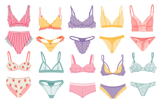 Bundle of women lingerie. Collection of elegant and sexy nightwear sets isolated on white background.  Colorful vector illustration of trendy female underwear, in modern line art style.