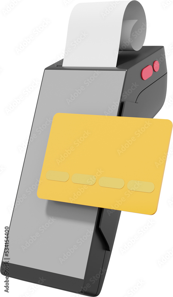 Aufkleber pos terminal gprs point with paper receipt and a credit card. mockup screen. payment machine. nfc pn