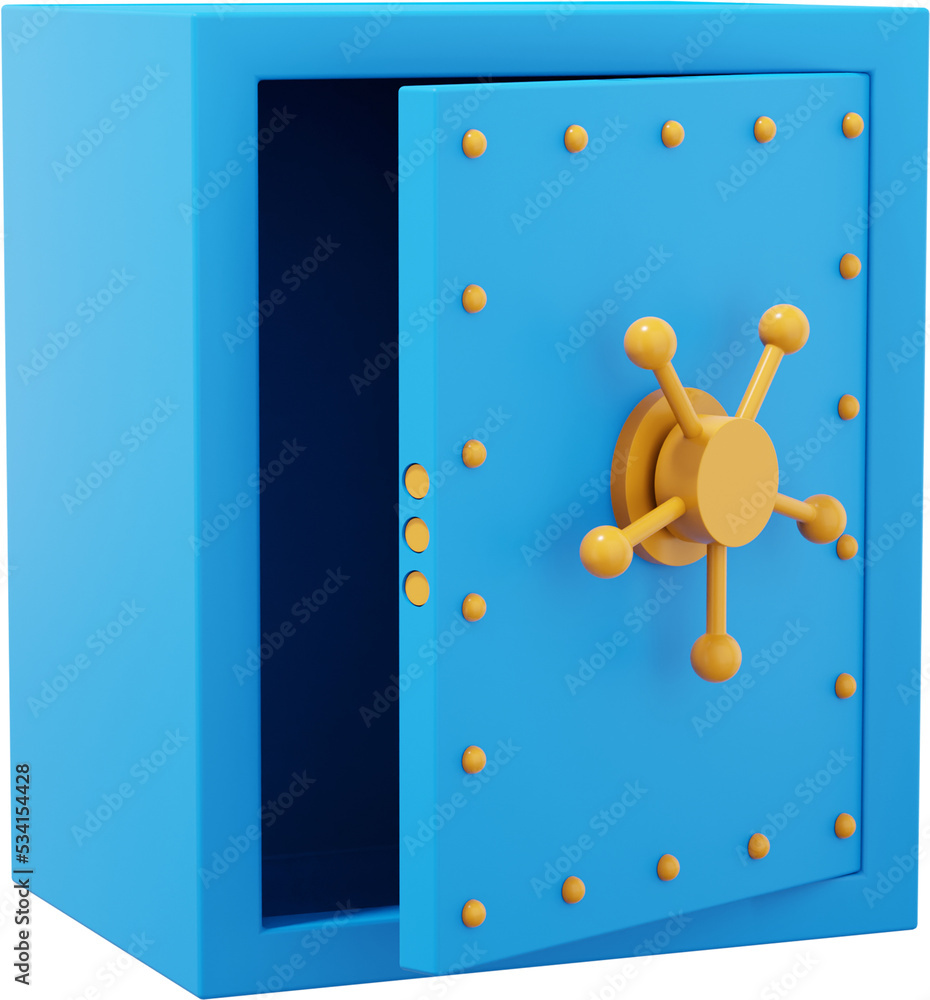 Poster retro safe with wheel handles. blue open storage. png icon on transparent background. 3d rendering.