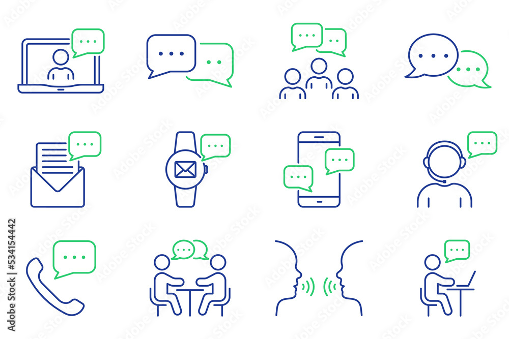 Poster online text message in chat, interview talk line icon set. community people talk on video conference