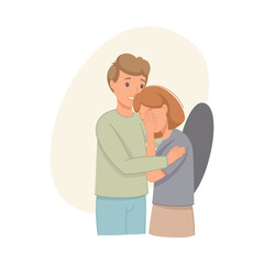 Man Help to Young Girl in Depression Crying Feeling Sad Suffering from Mental Disorder Vector Illustration