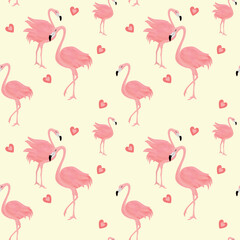 Seamless pattern with pink flamingos and hearts. Tropical pattern with birds for girls.