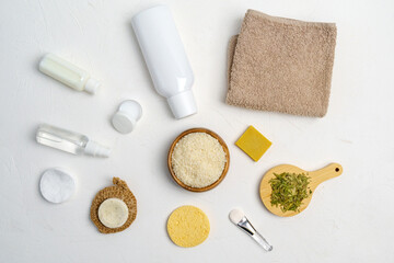 Fermented skin care cosmetic, with powerful nature fermentation ingredients rice, green tea leaves. Flat lay