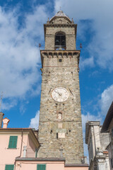 Fototapeta na wymiar Front view of the Torre del Cacciaguerra (aka Campanone) symbol of the city of Pontremoli in Tuscany