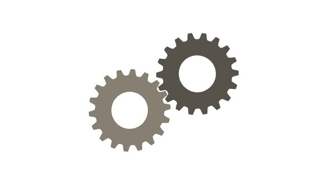 Two gear cog wheels rotate move in a circle. Motion graphics shape animation.