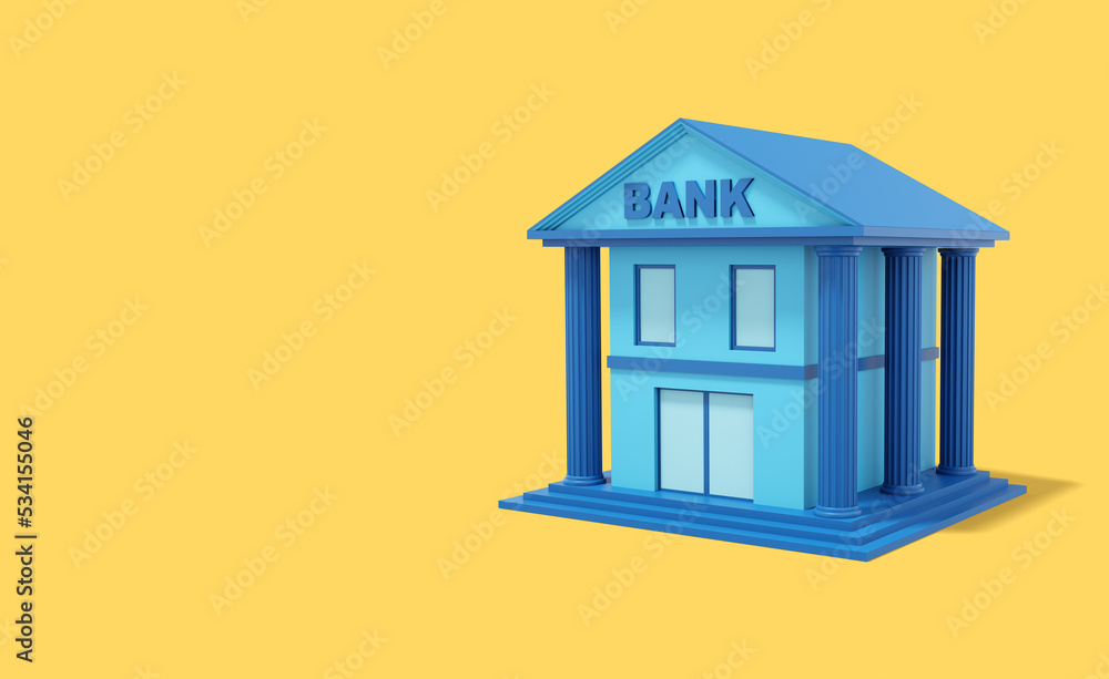 Aufkleber blue bank building with columns, on a yellow background. banner with space for text. isometric view.