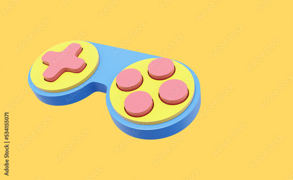 Poster minimalistic console game controller. multicolored icon on yellow background with space for text. 3d