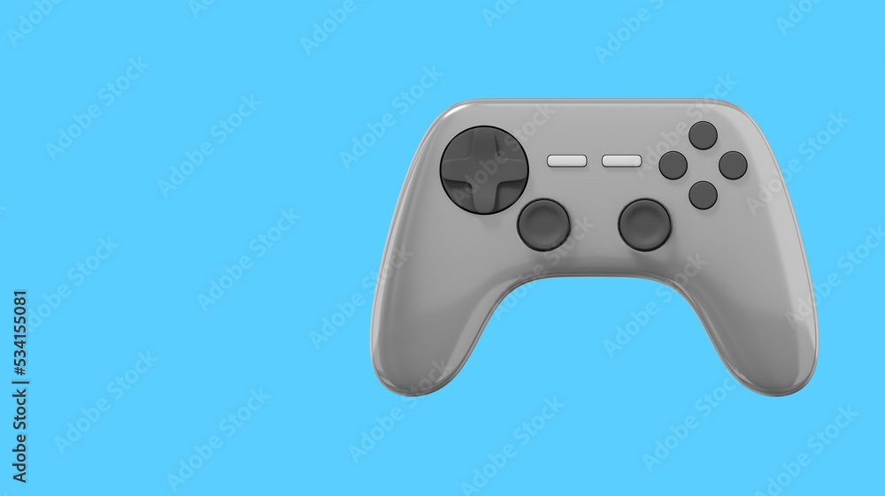 Poster realistic console game controller. gray icon on blue background with space for text. 3d rendering.