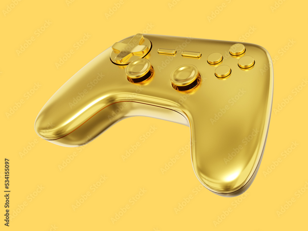 Poster realistic console game controller. gold isolated icon on yellow background. 3d rendering.