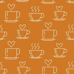 Coffee cups seamless pattern with thin icons drink elements