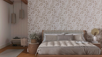 Interior design mockup, farmhouse bedroom in white and beige tones. Wooden furniture and wallpaper. Boho interior design