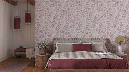 Interior design mockup, farmhouse bedroom in white and red tones. Wooden furniture and wallpaper. Boho interior design