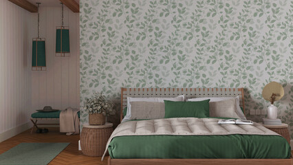 Interior design mockup, farmhouse bedroom in white and green tones. Wooden furniture and wallpaper. Boho interior design