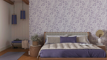 Interior design mockup, farmhouse bedroom in white and violet tones. Wooden furniture and wallpaper. Boho interior design