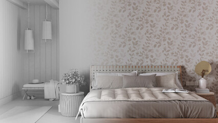 Architect interior designer concept: hand-drawn draft unfinished project that becomes real, bedroom mockup, farmhouse style. Wooden furniture and wallpaper