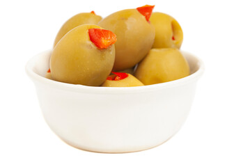 Green olives stuffed with sweet peppers isolated on a white background