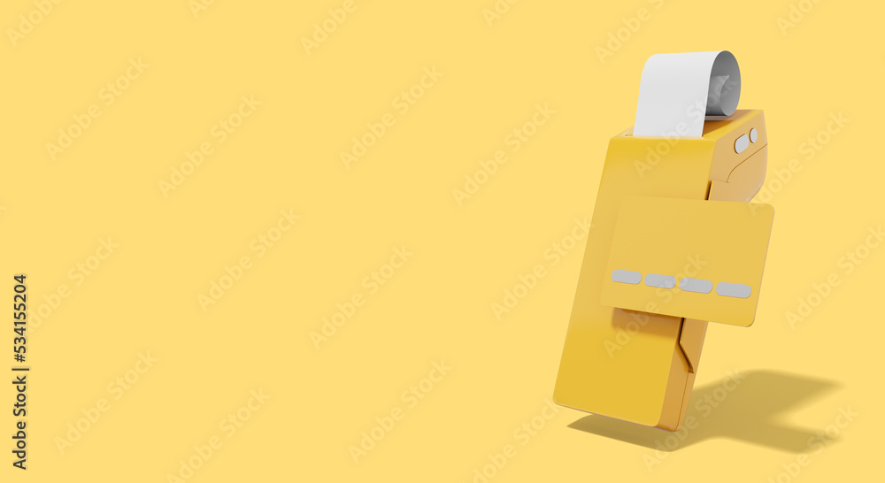 Poster yellow pos terminal with credit card and check. modern machine for cashless payment. device for nfc 