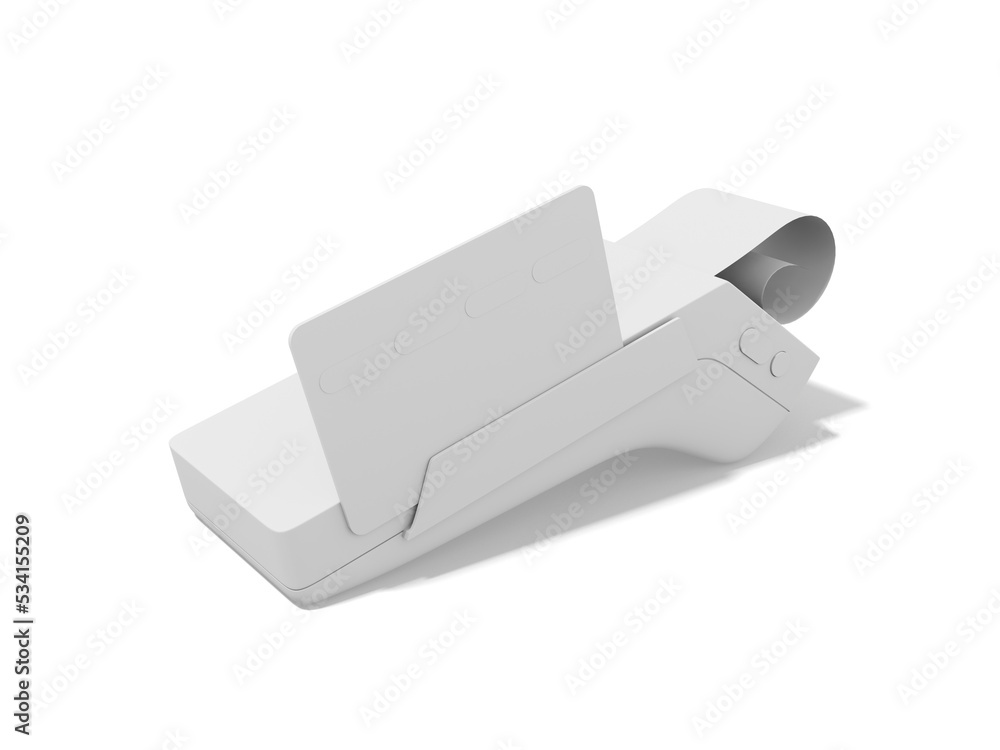 Poster device for nfc pay. white pos terminal with credit card and check. modern machine for cashless payme