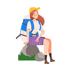 Woman Character with Backpack in Cap Sitting on Boulder Engaged in Hiking in the Mountains Vector Illustration