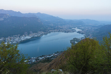 the cities near lecco with the blue hour lights - April 2022.