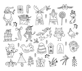 Doodles collection Christmas characters and decor. Cute Santa Claus, snowman, unicorn, bear and owl, elk and bird, christmas tree and gingerbread, sleigh, gift bag, dessert. Isolated Vector Linear