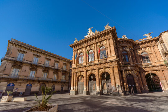 Catania, Italy. 09.14.2022. Exterior view of the Teatro Massimo Bellini, city Opera House in Sicily. It was inaugurated in 1890 in Baroque style