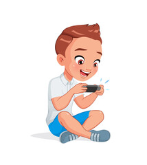 Cute little boy playing video game console. Vector illustration.