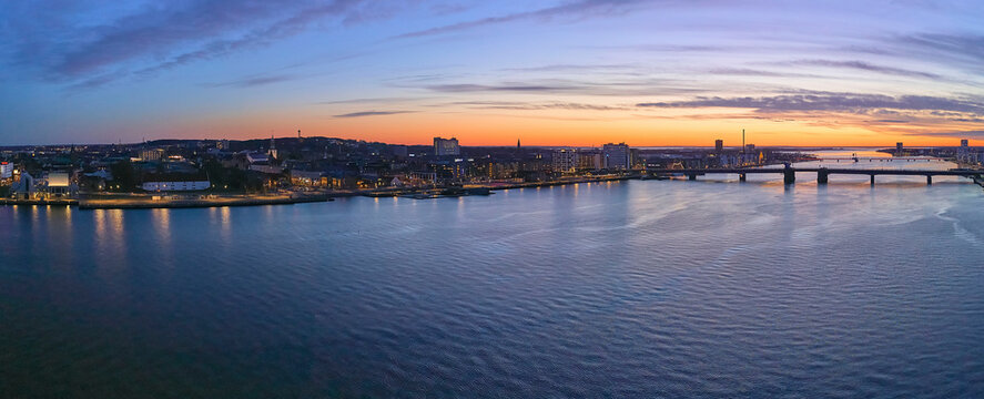 View of the city in Aalborg with sunset