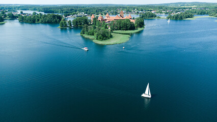 Fototapeta na wymiar Trakai castle, trakai lake, drone aerial view.