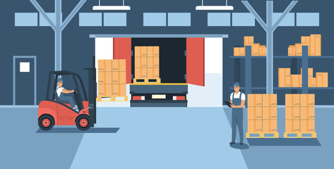 Warehouse with working forklift, truck and employees. Vector illustration.