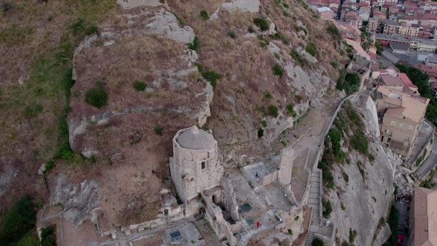 Drone flight over a ruined castle in Amantea,