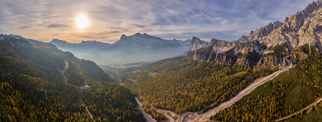 sun and fog in the dolomite mountains - obrazy, fototapety, plakaty