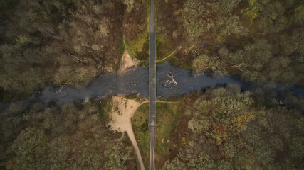drone shot of red steel bridge in denmark