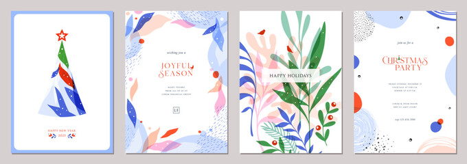 Universal Winter Holiday cards. Abstract Christmas templates with decorative Christmas Tree, ornate floral background and frame with copy space, birds and greetings.