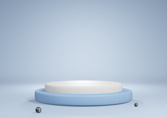 Podium, stand, showcase on pastel light, blue background. 3d render.