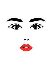 Woman beautiful face, sexy luxurious eyes with perfectly shaped eyebrows and full lashes. Red lips, sexy kiss, flat style, vector illustration. Beauty logo. Silhouette lines of the woman s face