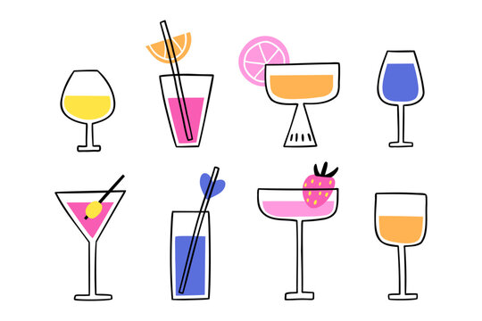 a set of glasses with drinks. hand painted glasses. vector illustration