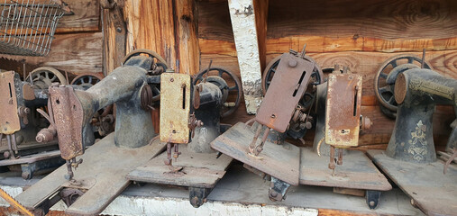 An interesting collection of old, damaged sewing machines from different periods, found in a scrap yard near Wałbrzych.