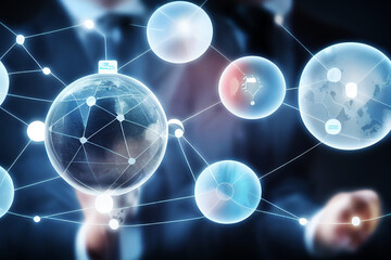 businessman hand and global network  futuristic technology  AI