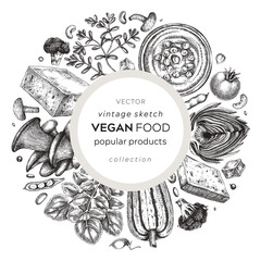Vegan food sketched wreath. Healthy food banner template. Middle eastern cuisine card. Hand-drawn vegan meals and ingredients for menu, recipe, and packaging design. Vegan food sketches in color