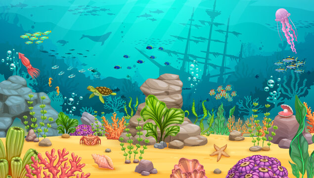 Cartoon underwater landscape. Sea and ocean under water world game level vector background with fish and coral reef marine animals. Undersea bottom with seaweeds, starfish, jellyfish and sunken ship