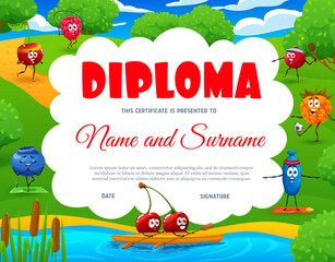 Kids diploma, cartoon cheerful berry characters on summer lake. Certificate or diploma vector award with fruit personages diploma with cherry, honeyberry and blueberry, raspberry and cloudberry